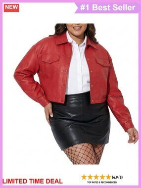 Faux Leather Cropped Biker Jacket Plus Size Button Moto Coat